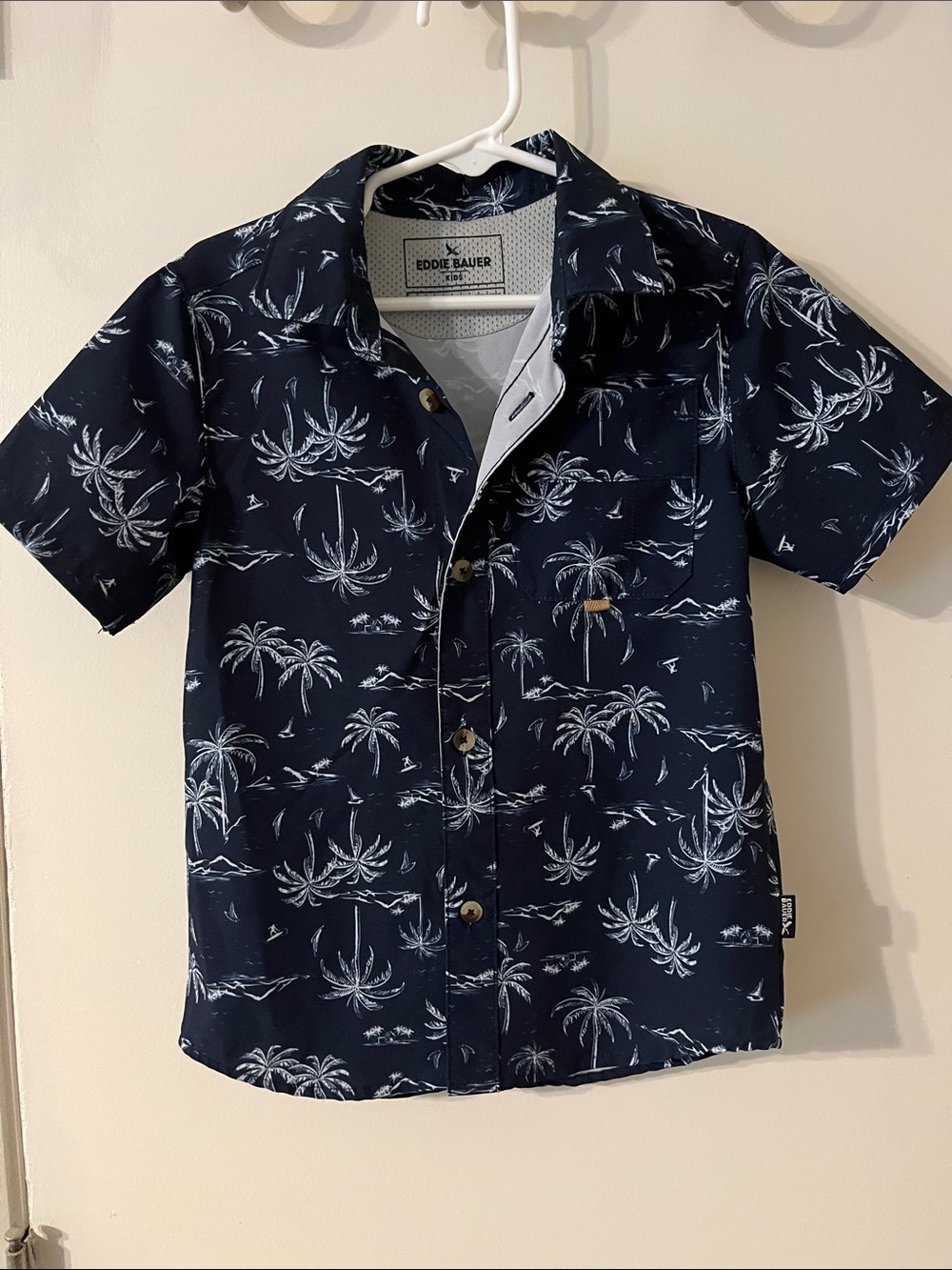 Eddie Bauer Navy Palm-Print Short Sleeve Button Shirt 5T